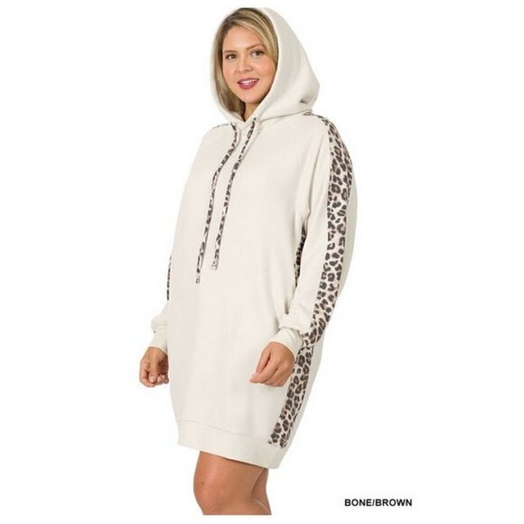 Plus Size Womens Long Line Sweatshirt Soft Stretch Hoodie Leopard Print 1X - Picture 2 of 3